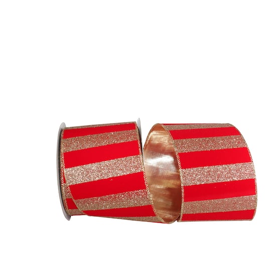 JAM Paper 4&#x22; x 10yd. Red &#x26; Gold Glitter Striped Wired Velvet Ribbon